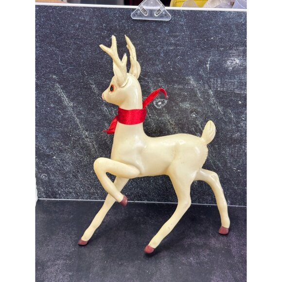 Vintage Large White Plastic Prancing Reindeer Pink Ears Mouth Midcentury 12" - Picture 7 of 12